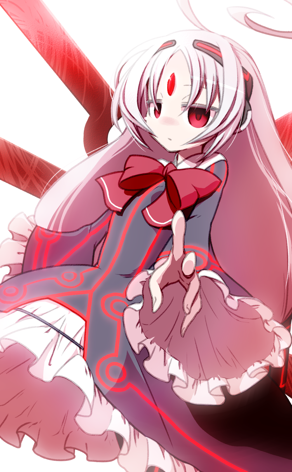 1girl, ahoge, black_dress, commentary_request, dress, expressionless, forehead_jewel, frilled_sleeves