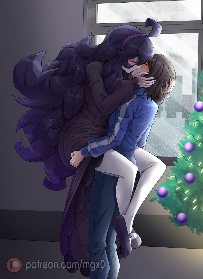 1boy, 1girl, absurdres, ahoge, black_hair, blue_jacket, blush, calem_(pokemon)
