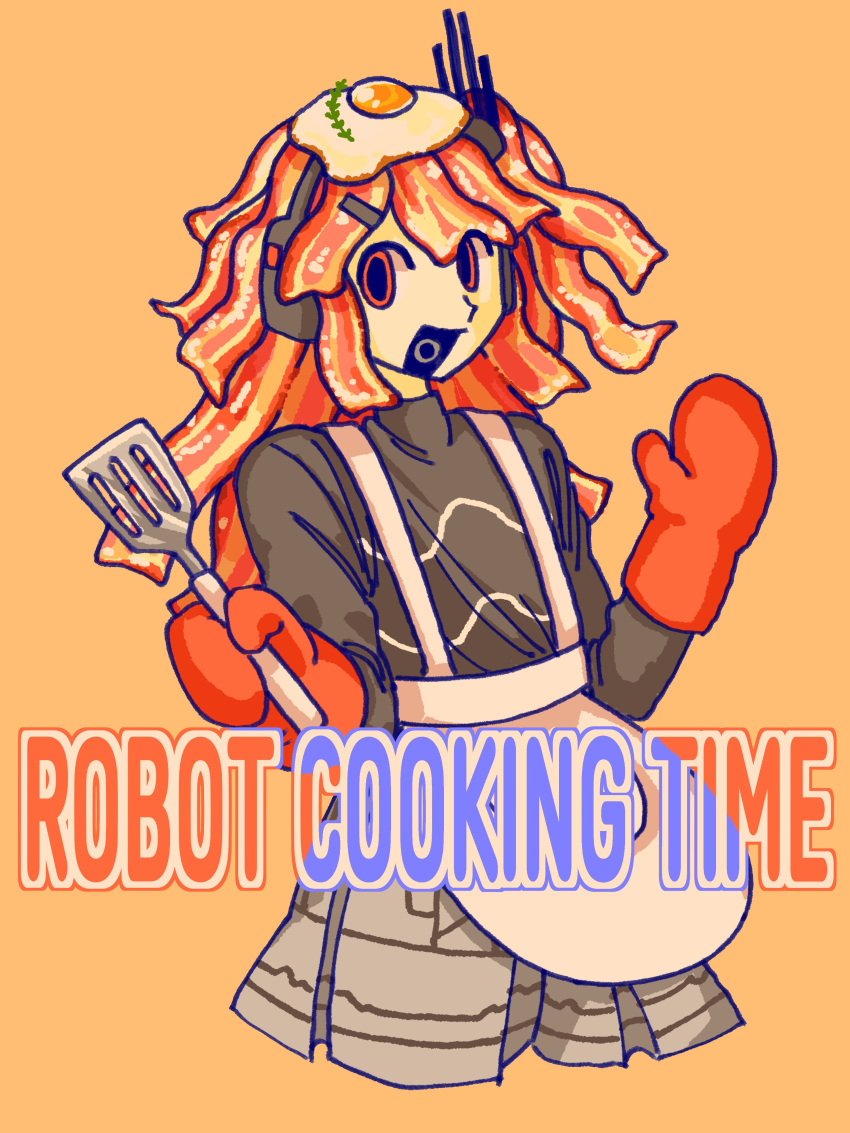 a.i._voice, absurdres, adachi_rei, adapted_costume, alternate_costume, apron, bacon, black_shirt, cropped_legs, english_text, food, fried_egg, gloves, grey_skirt, highres, holding, kimwazak, looking_at_viewer, open_mouth, orange_background, orange_eyes, orange_gloves, pleated_skirt, radio_antenna, shirt, simple_background, skirt, striped_clothes, striped_skirt, utau, waist_apron, white_apron