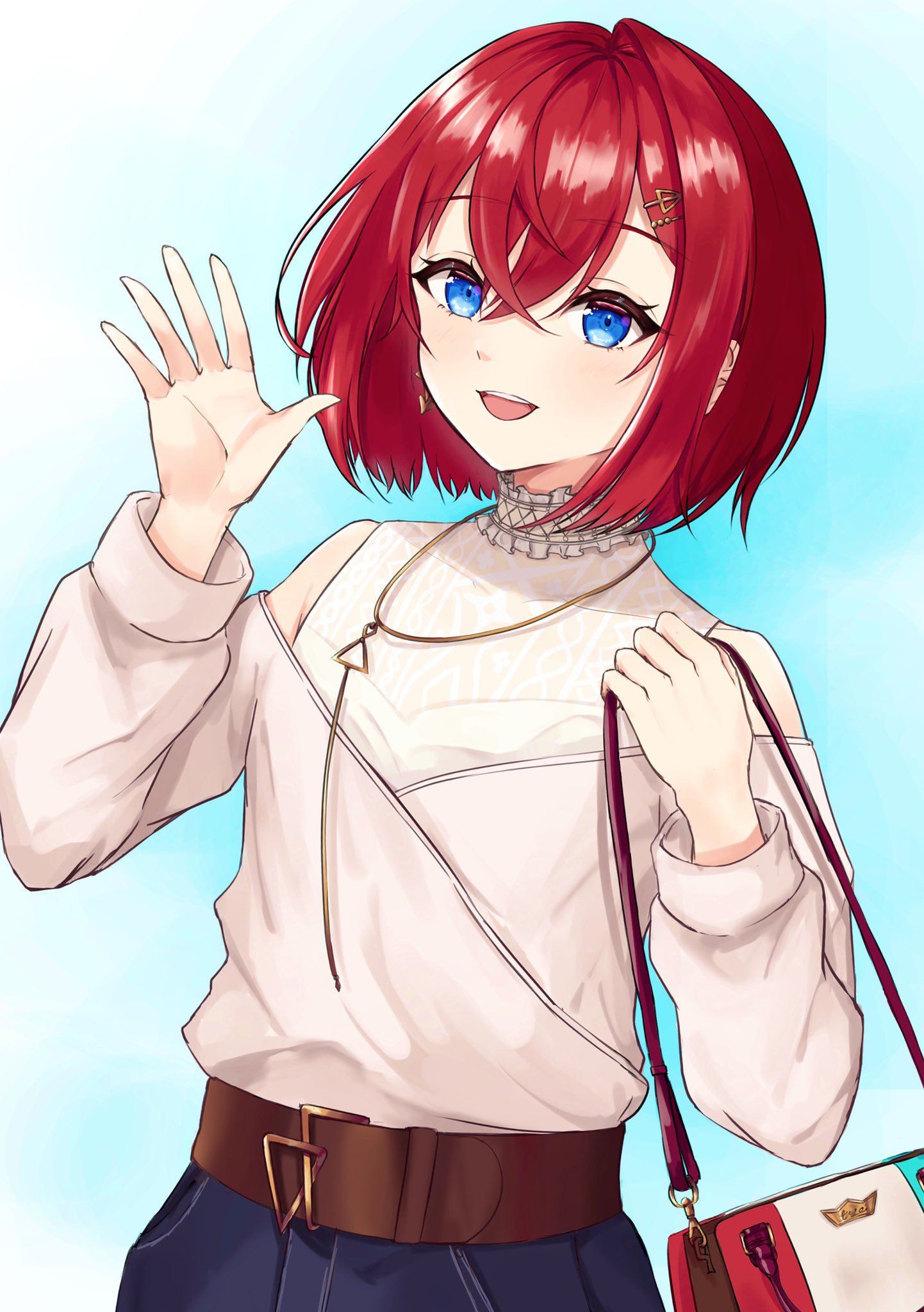 1girl, ange_katrina, ange_katrina_(5th_costume), baby_mn9, bag, bare_shoulders, belt, blue_background, blue_eyes, blue_pants, breasts, brown_belt, crossed_bangs, frilled_shirt_collar, frills, hair_between_eyes, hair_ornament, hairpin, hands_up, hashtag-only_commentary, highres, holding, holding_bag, jewelry, layered_shirt, long_bangs, long_sleeves, looking_at_viewer, multicolored_bag, multiple_hairpins, necklace, nijisanji, open_mouth, pants, red_hair, shirt, short_hair, single_hair_intake, small_breasts, smile, solo, teeth, three_quarter_view, upper_body, upper_teeth_only, virtual_youtuber, waving, white_shirt