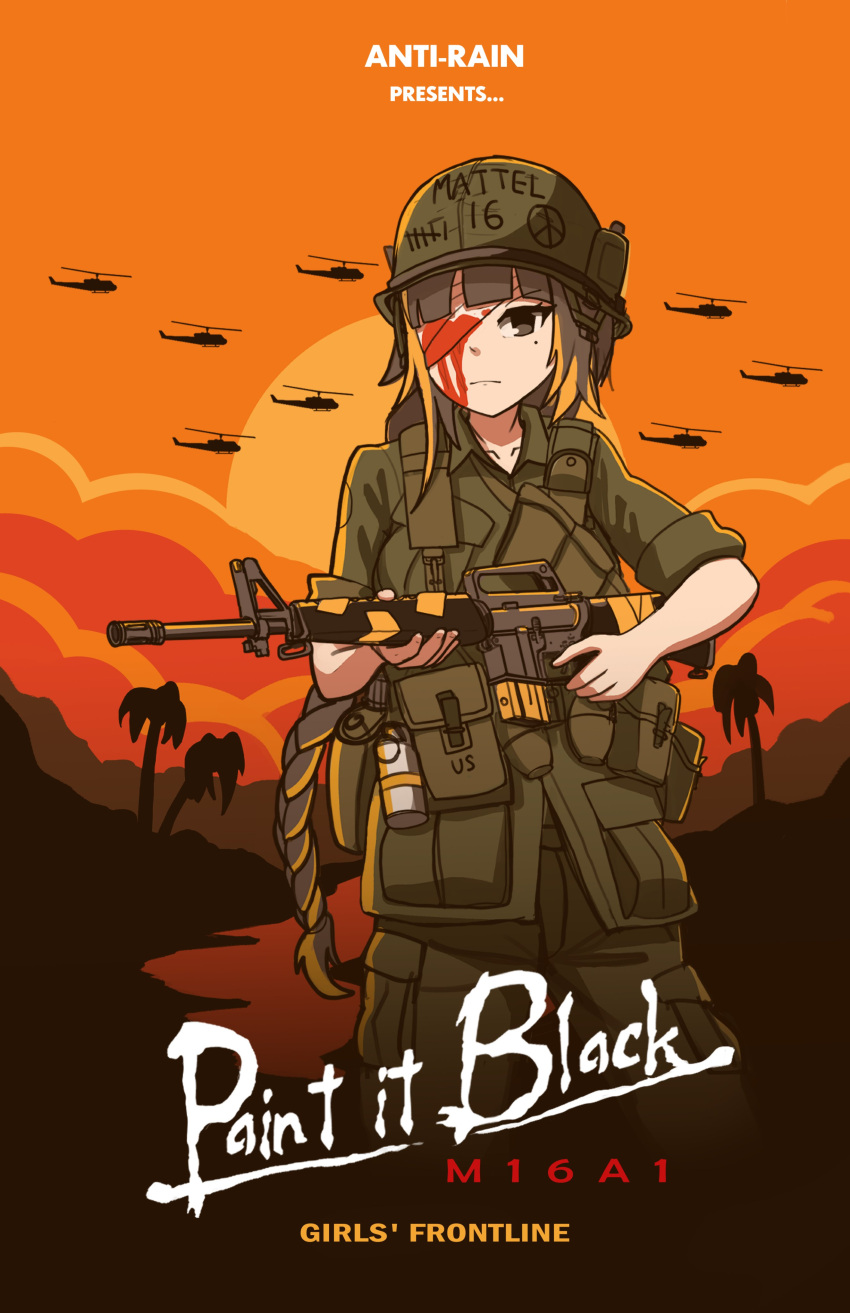 absurdres, aircraft, ammunition_pouch, assault_rifle, blonde_hair, blood, braid, brown_hair