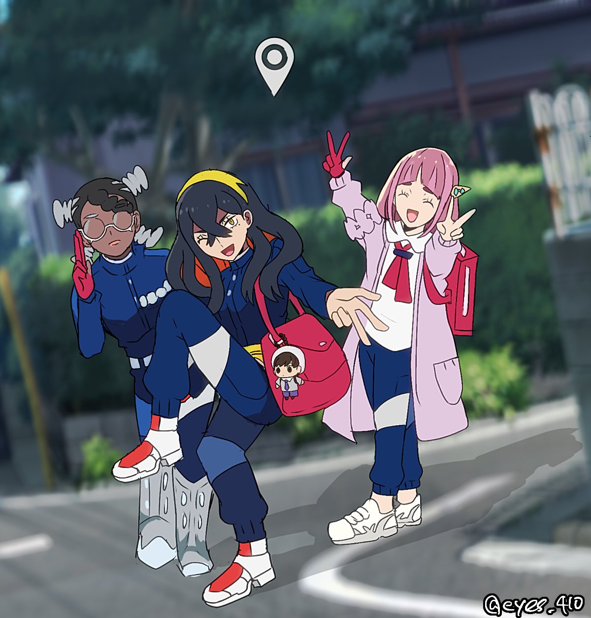 3girls, ;d, amarys_(pokemon), backpack, bag, black_hair, blue_jacket, blue_pants