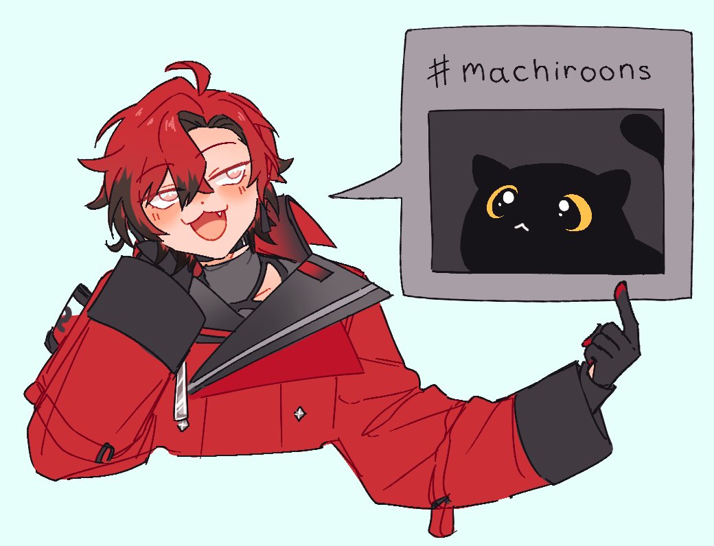 1boy, ahoge, black_choker, black_gloves, black_hair, blush, chim43ra, choker, commentary, creature, cropped_torso, curtained_hair, english_commentary, fang, gloves, hair_between_eyes, holostars, holostars_english, index_finger_raised, jacket, long_sleeves, machina_x_flayon, machina_x_flayon_(1st_costume), machiroon_(machina_x_flayon), male_focus, multicolored_hair, open_mouth, red_hair, red_jacket, short_hair, side_part, simple_background, smile, speech_bubble, spoken_character, upper_body, virtual_youtuber, white_background