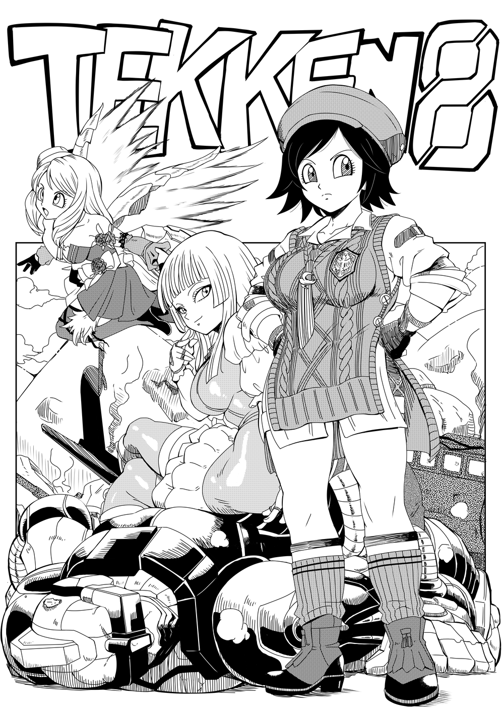 1d1htr, 3girls, alisa_boskonovich, breasts, copyright_name, full_body, group_picture, halftone