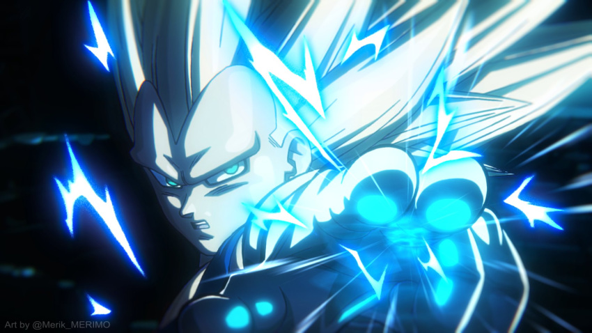 1boy, black_background, blonde_hair, blue_bodysuit, bodysuit, close-up, dragon_ball, dragon_ball_daima, electricity, gloves, green_eyes, highres, long_hair, merik_(merimo), no_eyebrows, pointing, pointing_at_viewer, simple_background, solo, spiky_hair, super_saiyan, super_saiyan_3, twitter_username, vegeta, white_gloves