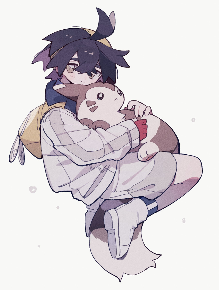 1boy, bag, black_hair, blue_socks, boots, closed_mouth, commentary, crossed_bangs