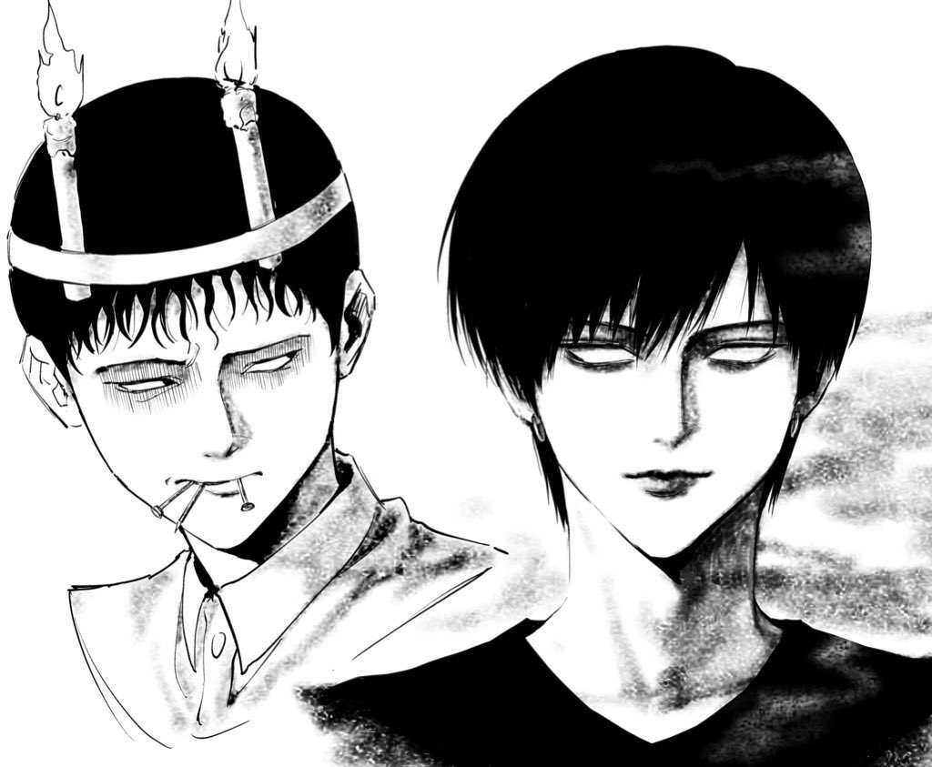 2boys, black_hair, blank_eyes, candle, fire, greyscale, itou_junji_kyoufu, lips