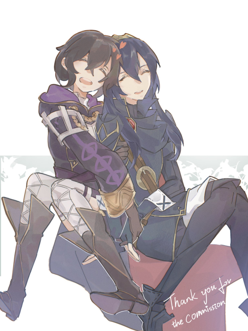 2girls, arm_hug, black_hair, blue_boots, blue_gloves, blue_hair, boots, brown_boots