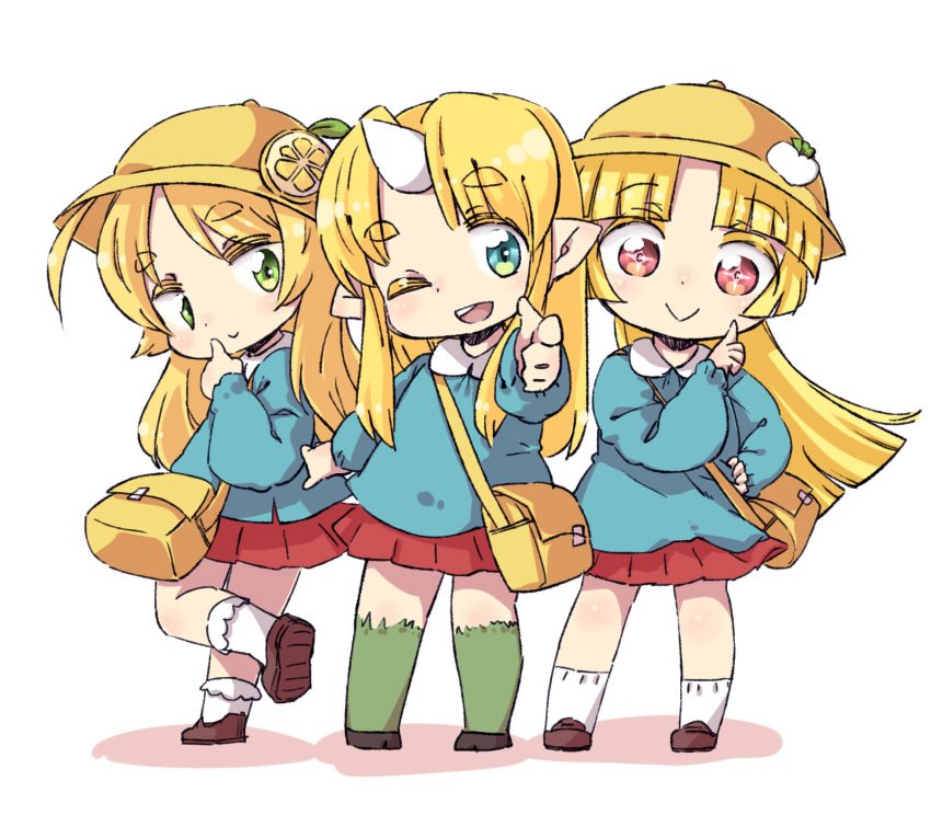 +_+, 3girls, :>, ;d, animal_legs, bag, blonde_hair, blue_eyes