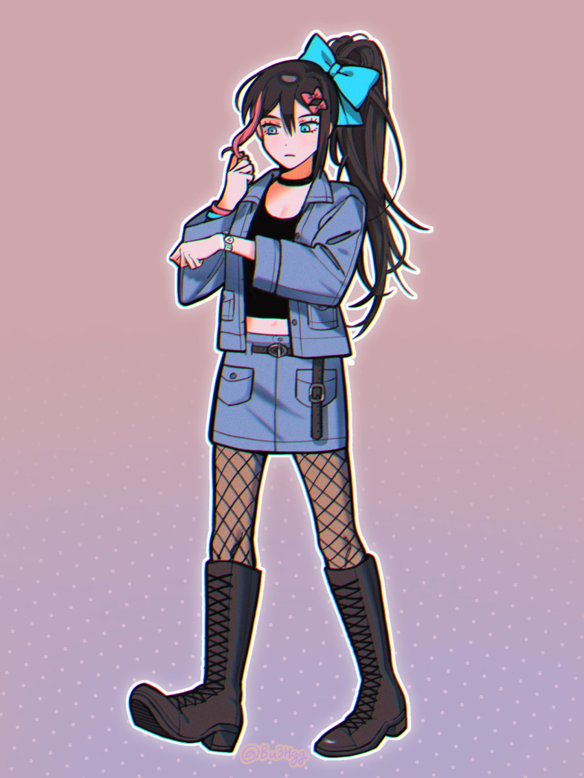 1girl, alternate_costume, alternate_hair_color, alternate_hairstyle, artist_name, aubrey_(faraway)_(omori), aubrey_(omori), black_boots