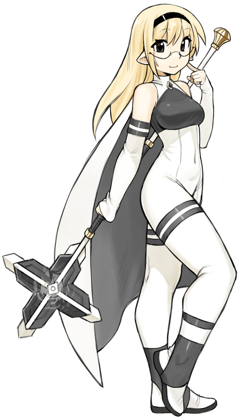 1girl, bare_shoulders, black-framed_eyewear, black_eyes, black_hairband, blonde_hair, bodysuit, breasts