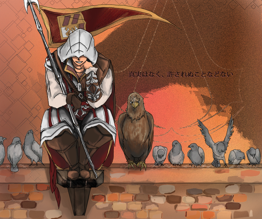1boy, assassin's_creed_(series), assassin's_creed_ii, bird, boots, cape, ezio_auditore_da_firenze, flag