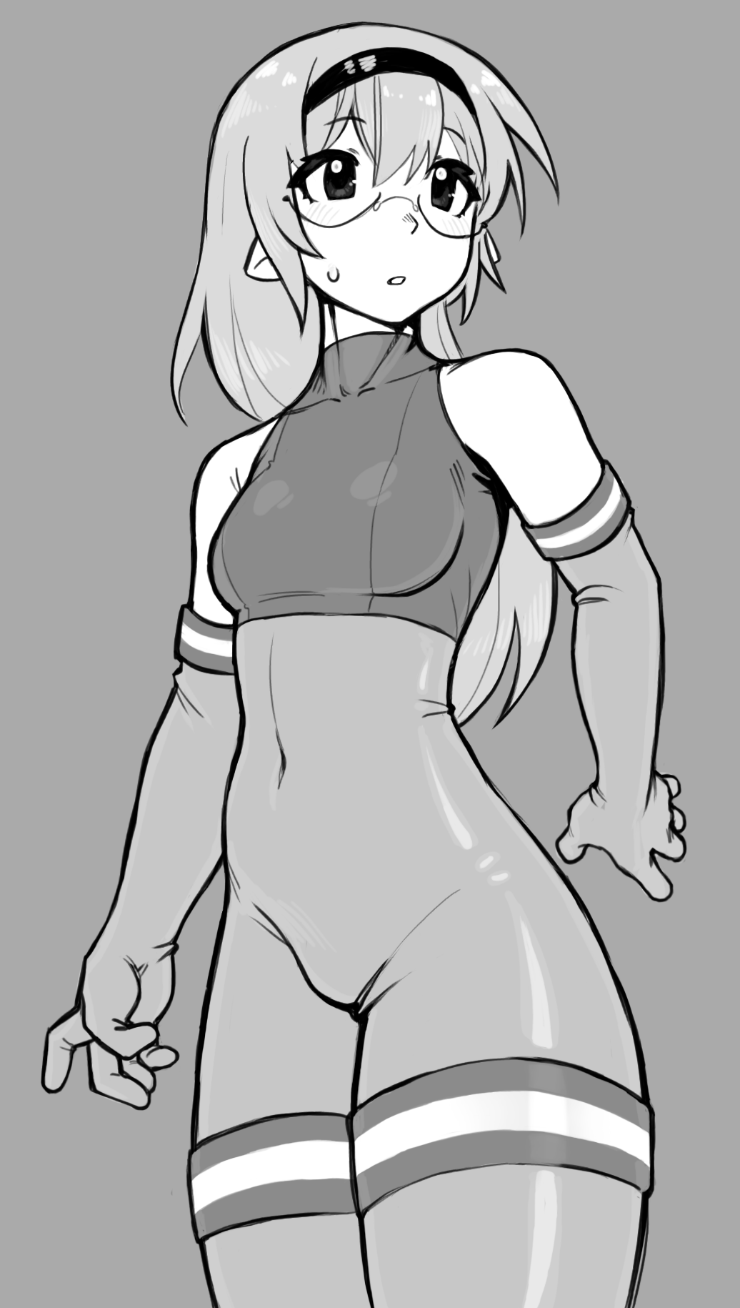 1girl, bare_shoulders, bodysuit, breasts, covered_navel, elbow_gloves, from_below, glasses