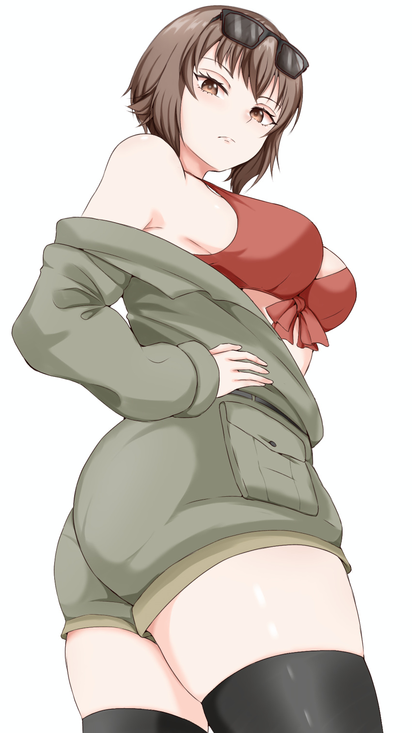 1girl, absurdres, bikini, bikini_under_clothes, black-framed_eyewear, black_thighhighs, breasts, brown_eyes, brown_hair, closed_mouth, commentary, cowboy_shot, english_commentary, eyewear_on_head, from_side, front-tie_bikini_top, front-tie_top, frown, girls_und_panzer, girls_und_panzer_senshadou_daisakusen!, gomi_ningen_(81848656), green_jumpsuit, hand_on_own_hip, highres, jumpsuit, long_sleeves, looking_at_viewer, medium_breasts, nishizumi_maho, off_shoulder, official_alternate_costume, red_bikini, short_hair, short_jumpsuit, simple_background, solo, sunglasses, swimsuit, thigh-highs, unzipped, white_background