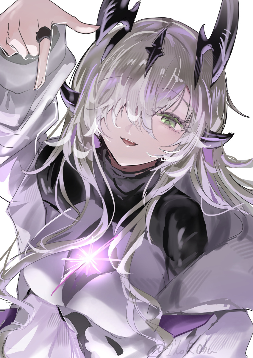 1girl, :d, absurdres, arknights, arm_up, artist_name, blonde_hair, breasts, dragon_girl, dragon_horns, dress, eblana_(arknights), glowing, green_eyes, hair_over_one_eye, highres, horns, horobu, jewelry, large_breasts, long_sleeves, looking_at_viewer, open_mouth, ring, simple_background, smile, solo, twitter_username, upper_body, white_background, white_dress