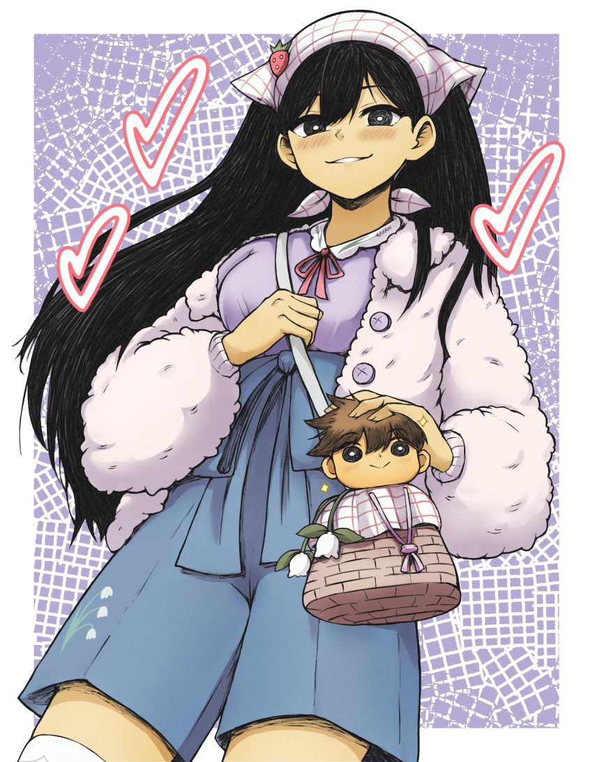 1girl, absurdres, black_eyes, black_hair, blush, breasts, bright_pupils, character_doll, heart, hero_(faraway)_(omori), hero_(omori), highres, jacket, long_hair, long_sleeves, mari_(faraway)_(omori), mari_(omori), medium_breasts, official_alternate_costume, omori, parted_lips, smile, solo, stuffed_toy, vegasvat1, white_pupils