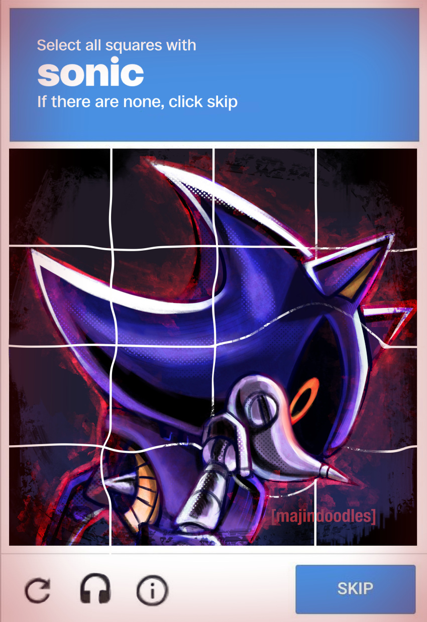 1boy, absurdres, animal_ears, artist_name, aura, border, captcha, character_name, commentary, copyright_name, english_commentary, english_text, from_side, glowing, grid, headphones, hedgehog_boy, highres, humanoid_robot, looking_at_viewer, majindoodles, male_focus, metal_sonic, pointy_nose, recaptcha, red_aura, red_eyes, robot, science_fiction, solo, sonic_(series), upper_body, white_border