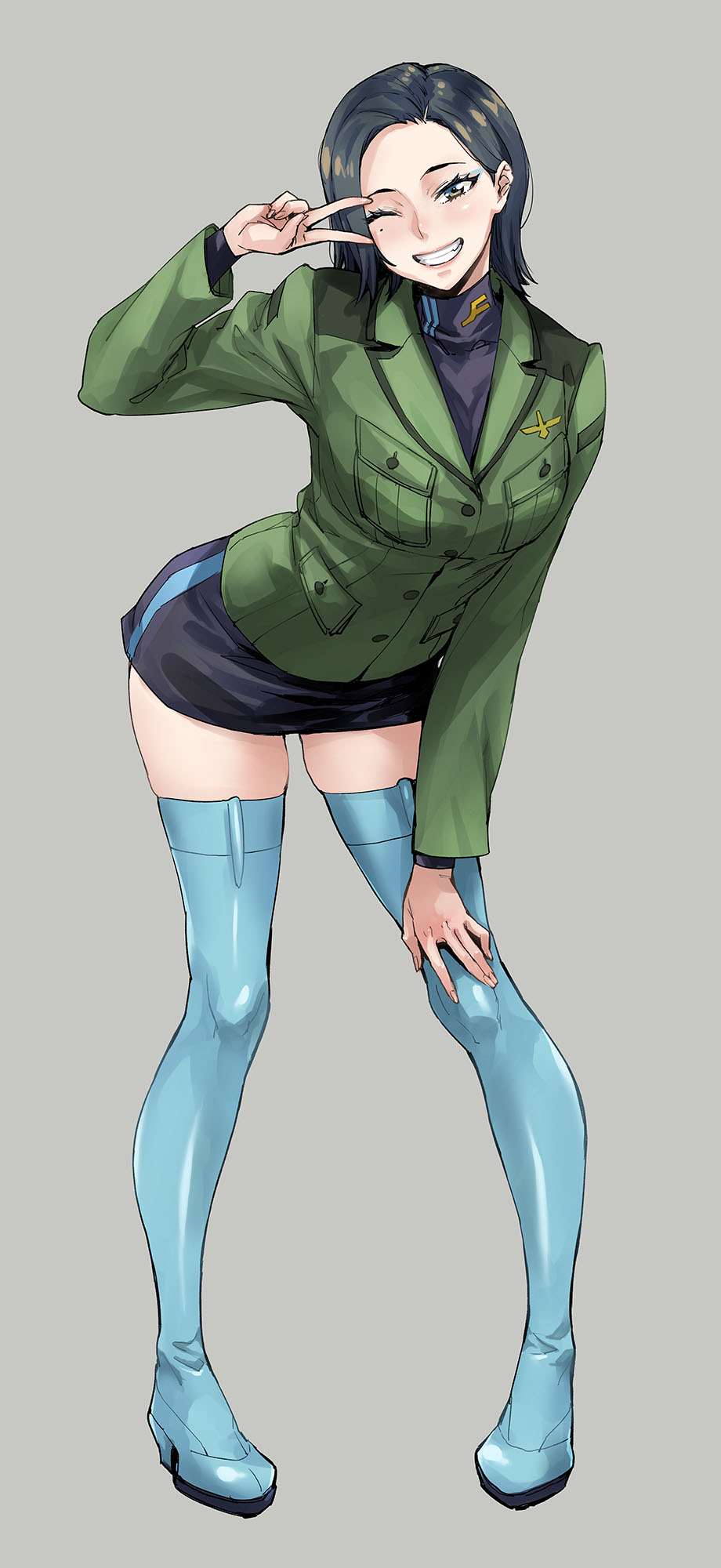 1girl, black_hair, black_shirt, black_skirt, blue_boots, blue_eyeshadow, blush, boots