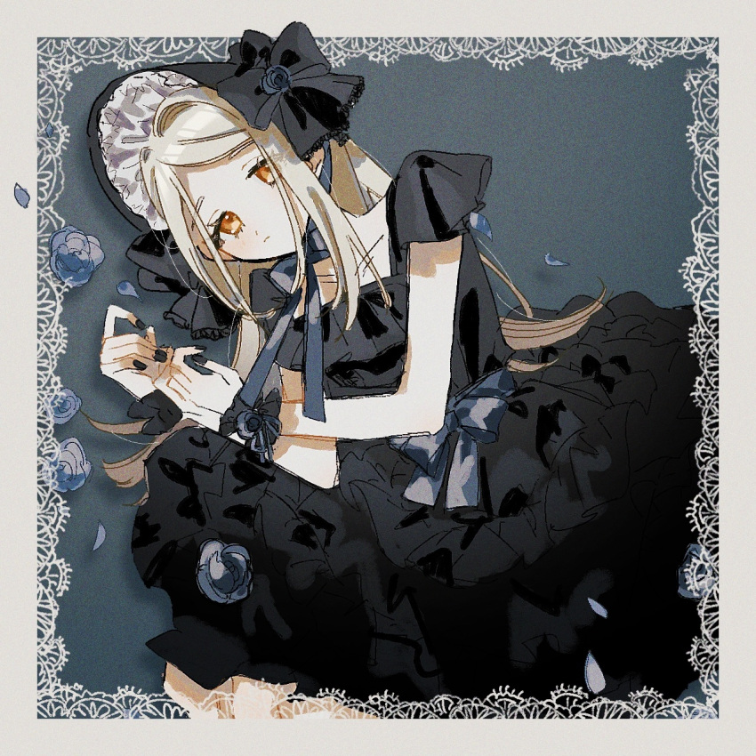 0726_mck, 1girl, alternate_costume, black_dress, black_nails, blonde_hair, blush, bonnet