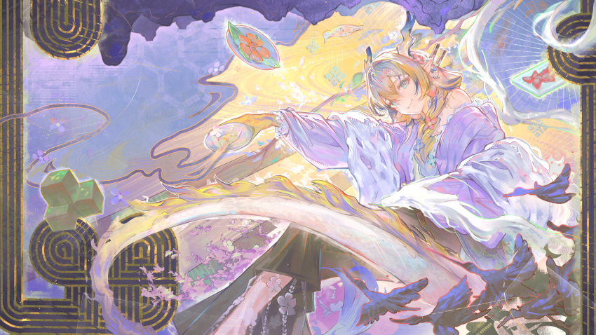 1girl, absurdres, arknights, bare_shoulders, bird, black_skirt, blonde_hair, blue_eyes