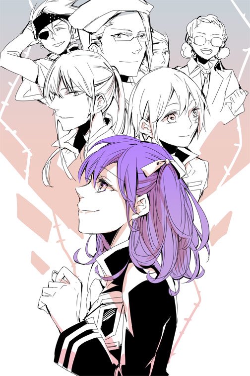 1girl, 6+boys, allen_walker, aogr_xa, badge, black_coat, black_headband, black_order_uniform