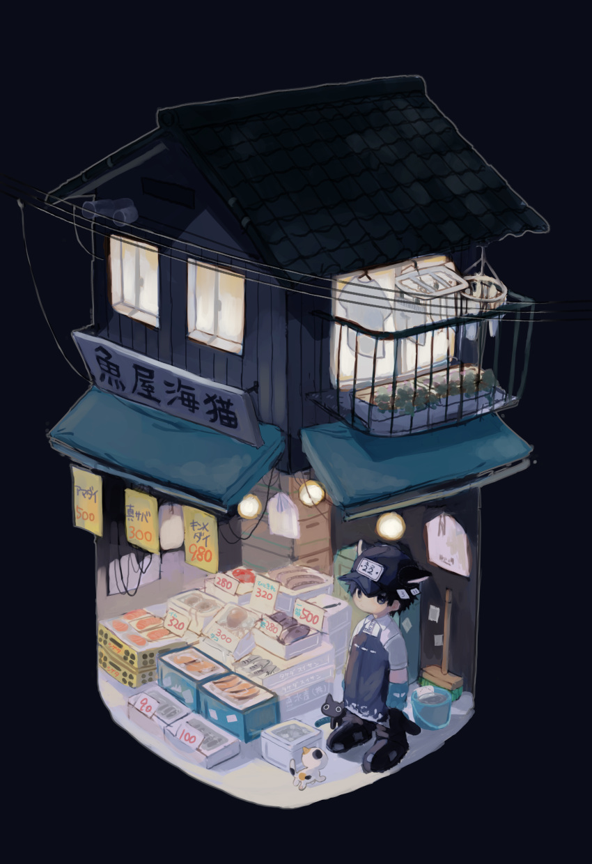 1boy, absurdres, animal_ears, apron, black_apron, black_cat, black_eyes, black_hair, black_hat, black_shoes, blue_gloves, broom, butcher_shop_(place), calico_cat, cat, cat_boy, cat_ears, cat_tail, closed_mouth, collared_shirt, commentary_request, cotono_(nazekun), fish, food, full_body, gloves, hat, highres, male_focus, meat, neko-kun_(cotono_(nazekun)), original, price, shirt, shoes, solo, tail, translation_request, white_shirt