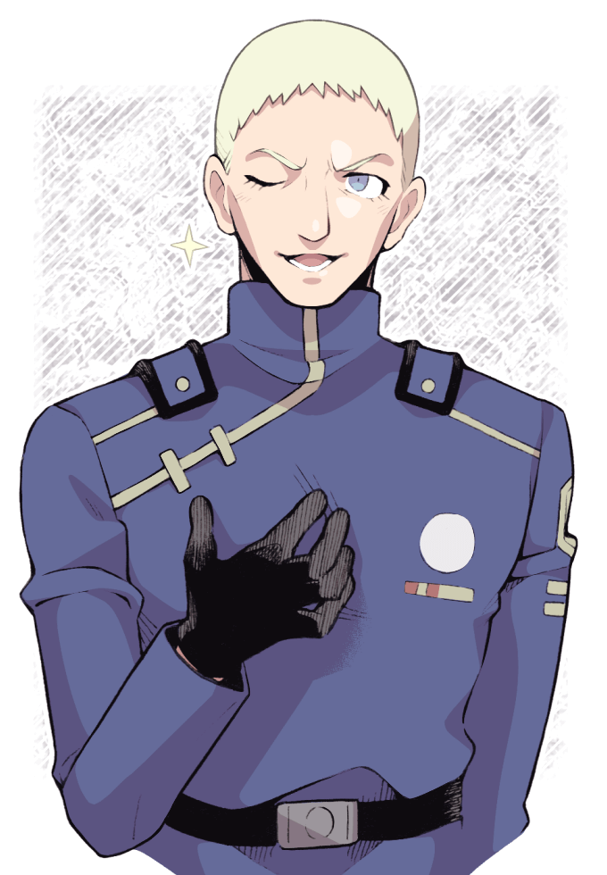 1boy, belt, black_gloves, blonde_hair, blue_eyes, breath_of_fire, breath_of_fire_iv, captain_rasso, gloves, hand_on_own_chest, looking_at_viewer, male_focus, military_uniform, minashirazu, one_eye_closed, open_mouth, smile, solo, sparkle