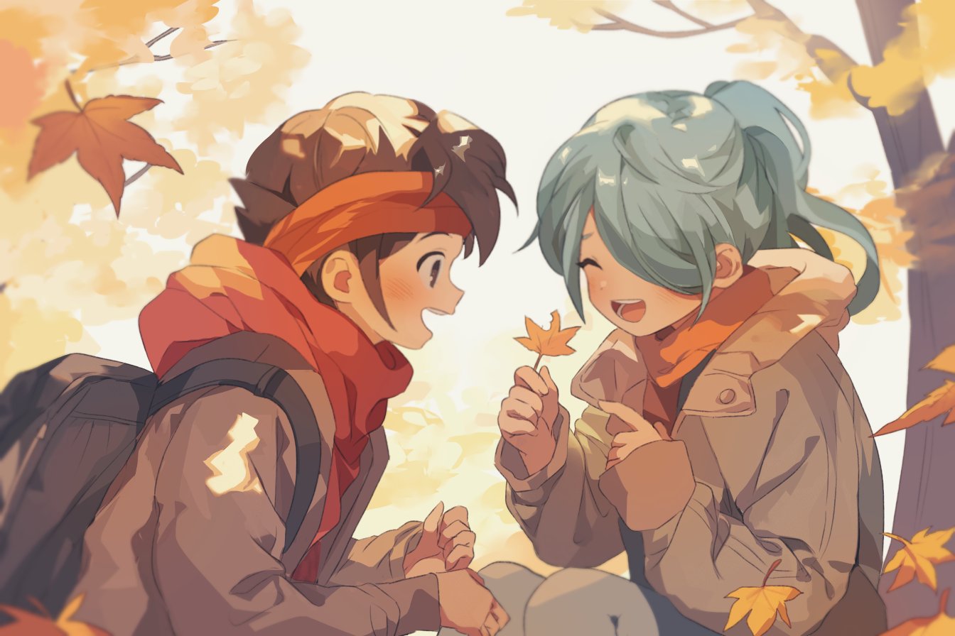 2boys, autumn, autumn_leaves, backpack, bag, black_bag, blue_hair, blue_pants
