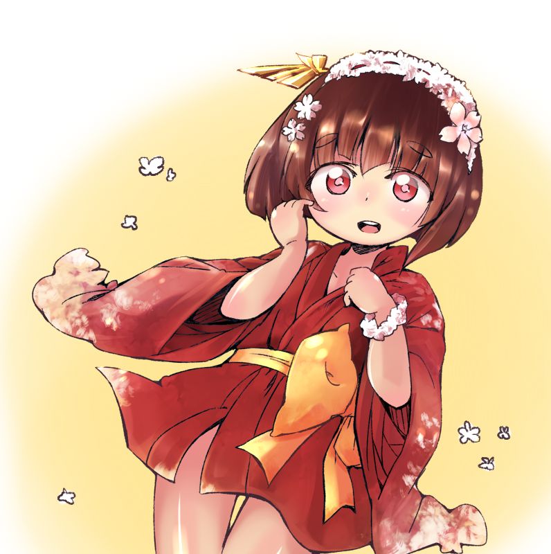 1.0-tan, 1girl, :d, brown_hair, croixsan, flower, flower_hairband, hair_flower
