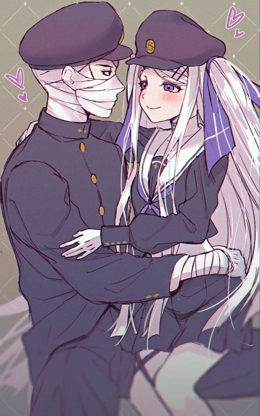 1boy, 1girl, bandaged_head, bandages, blush, commentary_request, couple, geminism