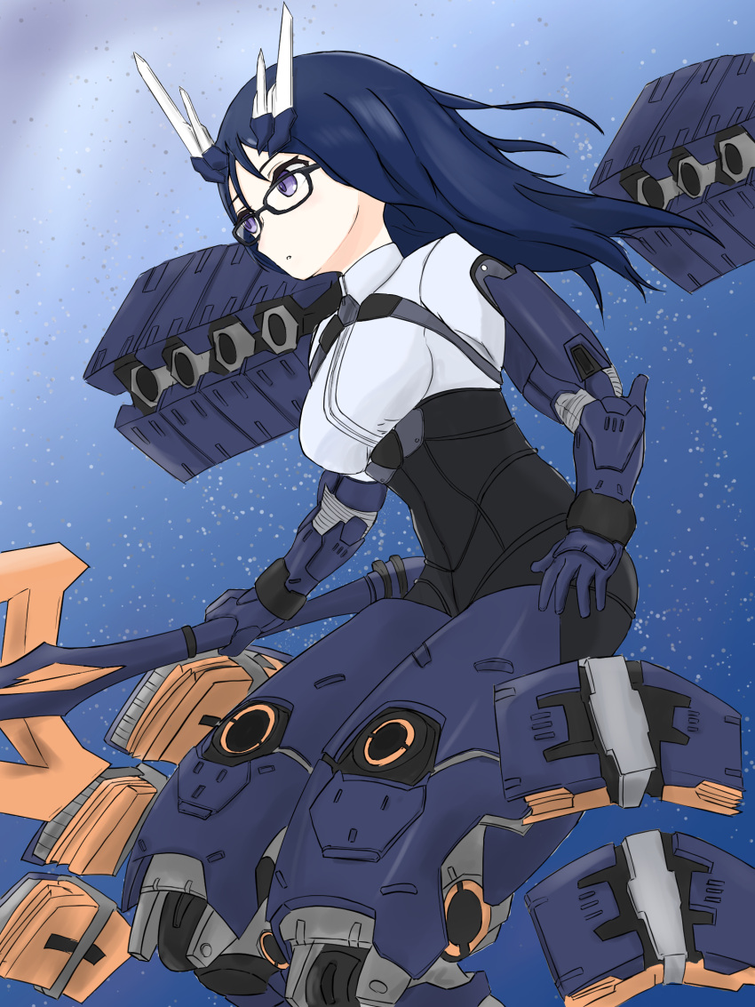 1girl, alice_gear_aegis, black-framed_eyewear, blue_hair, glasses, highres, holding, holding_sword, holding_weapon, long_hair, mecha_musume, momoshina_fumika, sanyochu_(r909sun), sword, weapon