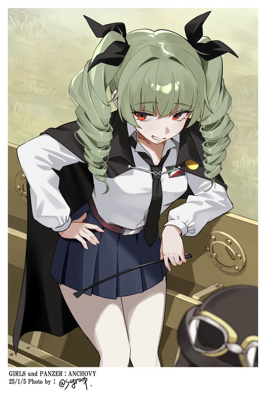 1girl, absurdres, against_wall, anchovy_(girls_und_panzer), anzio_school_uniform, belt, belt_buckle, black_belt