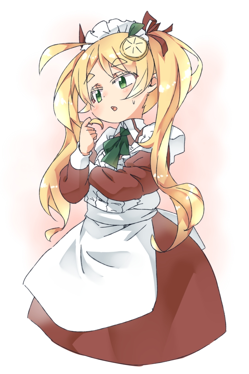 1girl, ahoge, apron, blonde_hair, collared_dress, contrast_collar, croixsan, dress, food-themed_hair_ornament, futaba_channel, green_eyes, hair_ornament, hair_ribbon, highres, lemon_hair_ornament, lemon_tea_(nijiura_maids), long_hair, long_sleeves, maid, maid_apron, maid_headdress, nijiura_maids, open_mouth, red_dress, red_ribbon, ribbon, solo, thick_eyebrows, twintails, twirling_hair, white_apron