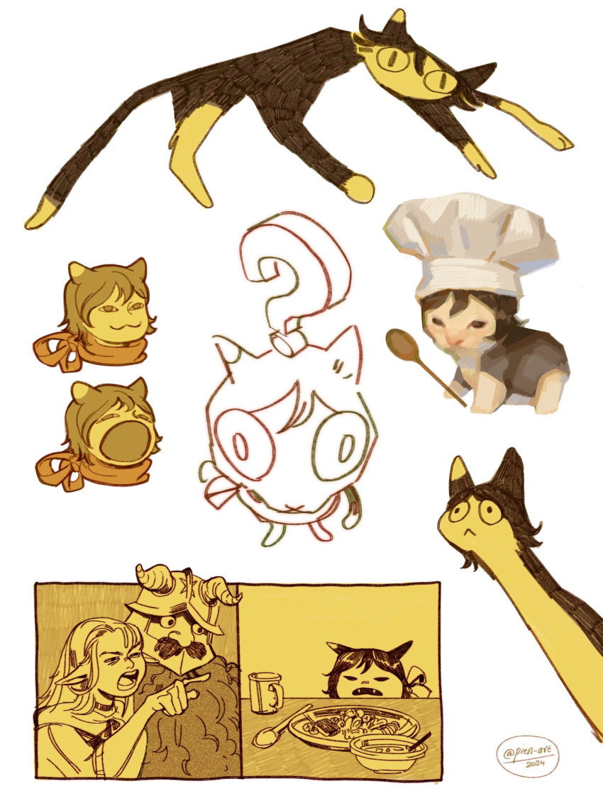 :3, ?, animal_ears, animalization, beard, cat, cat_ears, chef_hat