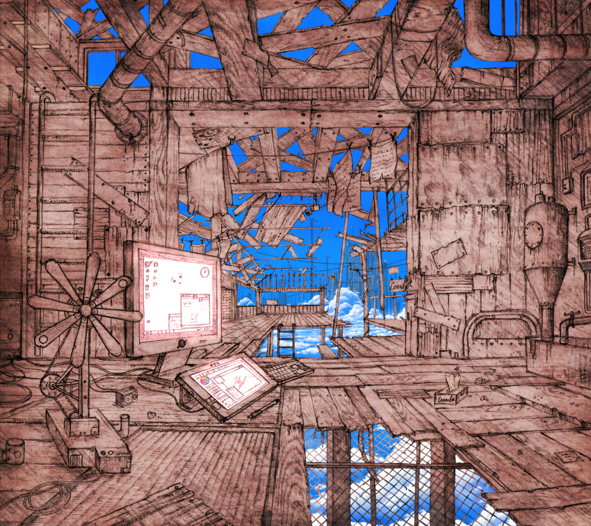 cable, cloud, clouds, cola_(gotouryouta), computer, computer_keyboard, cup, hecatoncheir
