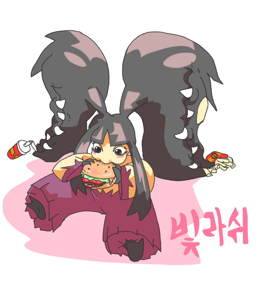 1girl, big_hair, black_hair, black_skin, brown_eyes, burger, colored_skin, eating