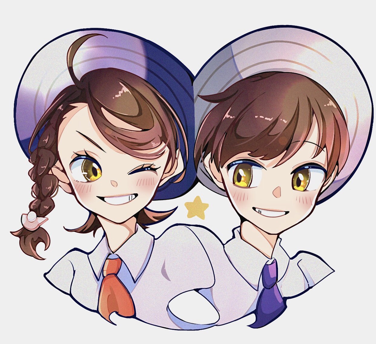 1boy, 1girl, ahoge, blush, braid, brown_hair, cocoa_s3, florian_(pokemon)