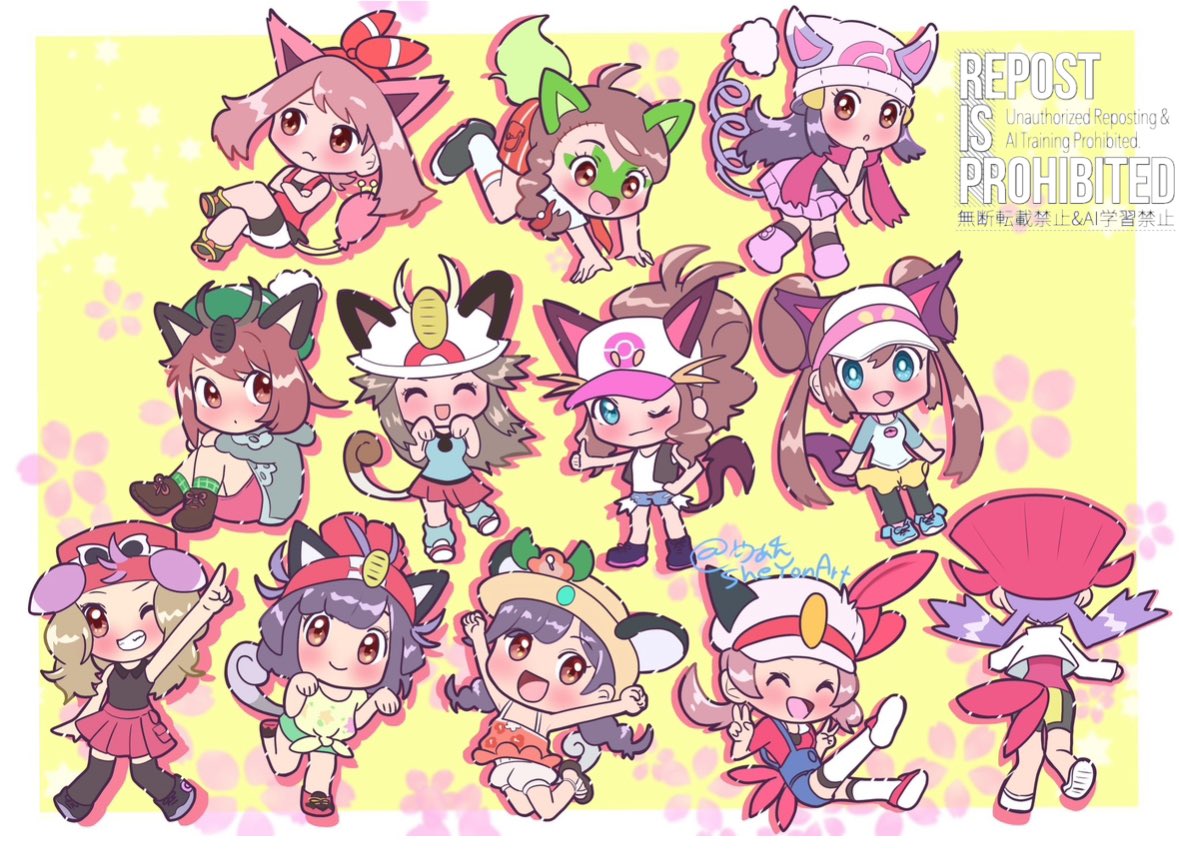 alolan_meowth, animal_ears, baseball_cap, beanie, blue_overalls, bow, cat_ears, cat_tail, character_request, double_bun, double_v, espurr, excited, flat_cap, from_behind, gloria_(pokemon), hair_bow, hair_bun, hat, hikari_(pokemon), hilda_(pokemon), juliana_(pokemon), kris_(pokemon), lab_coat, leaf_(pokemon), liepard, lyra_(pokemon), may_(pokemon), meowth, naranja_academy_school_uniform, nervous, no_headwear, overall_shorts, overalls, pantyhose, paw_pose, pointing, pokemon, pokemon_bw, pokemon_bw2, pokemon_dppt, pokemon_frlg, pokemon_gsc, pokemon_hgss, pokemon_oras, pokemon_sm, pokemon_sv, pokemon_swsh, pokemon_usum, pokemon_xy, pumpkin_shorts, purrloin, rosa_(pokemon), running, school_uniform, serena_(pokemon), sheyona, short_shorts, short_sleeves, shorts, skitty, sprigatito, striped_clothes, striped_shorts, sun_hat, surprised, tail, tam_o'_shanter, thumbs_up, v, visor_cap, watermark, yellow_background, yellow_shorts