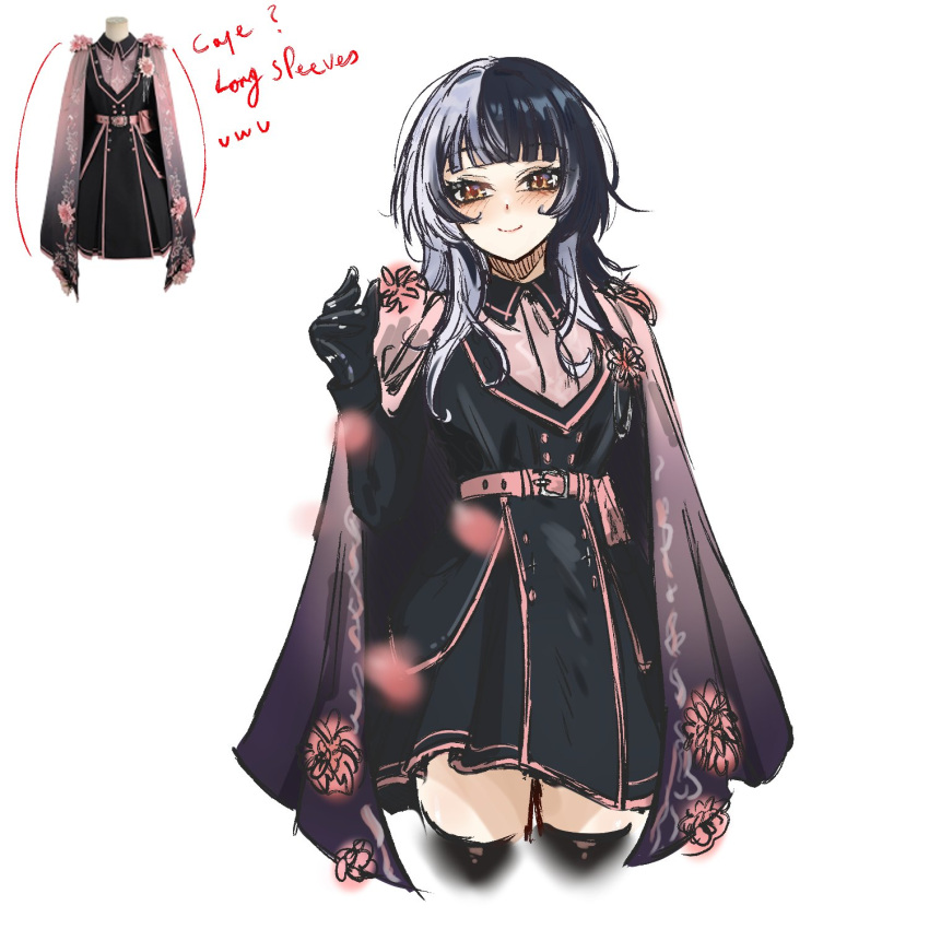 1girl, alternate_costume, black_dress, black_gloves, black_hair, cloak, closed_mouth, dress