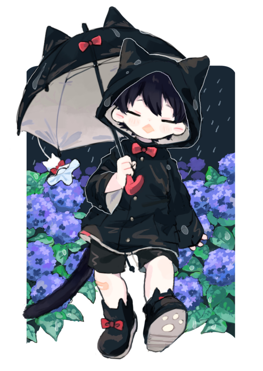 1boy, =_=, animal-themed_umbrella, animal_ear_footwear, animal_ears, animal_hood, bandaid, bandaid_on_knee