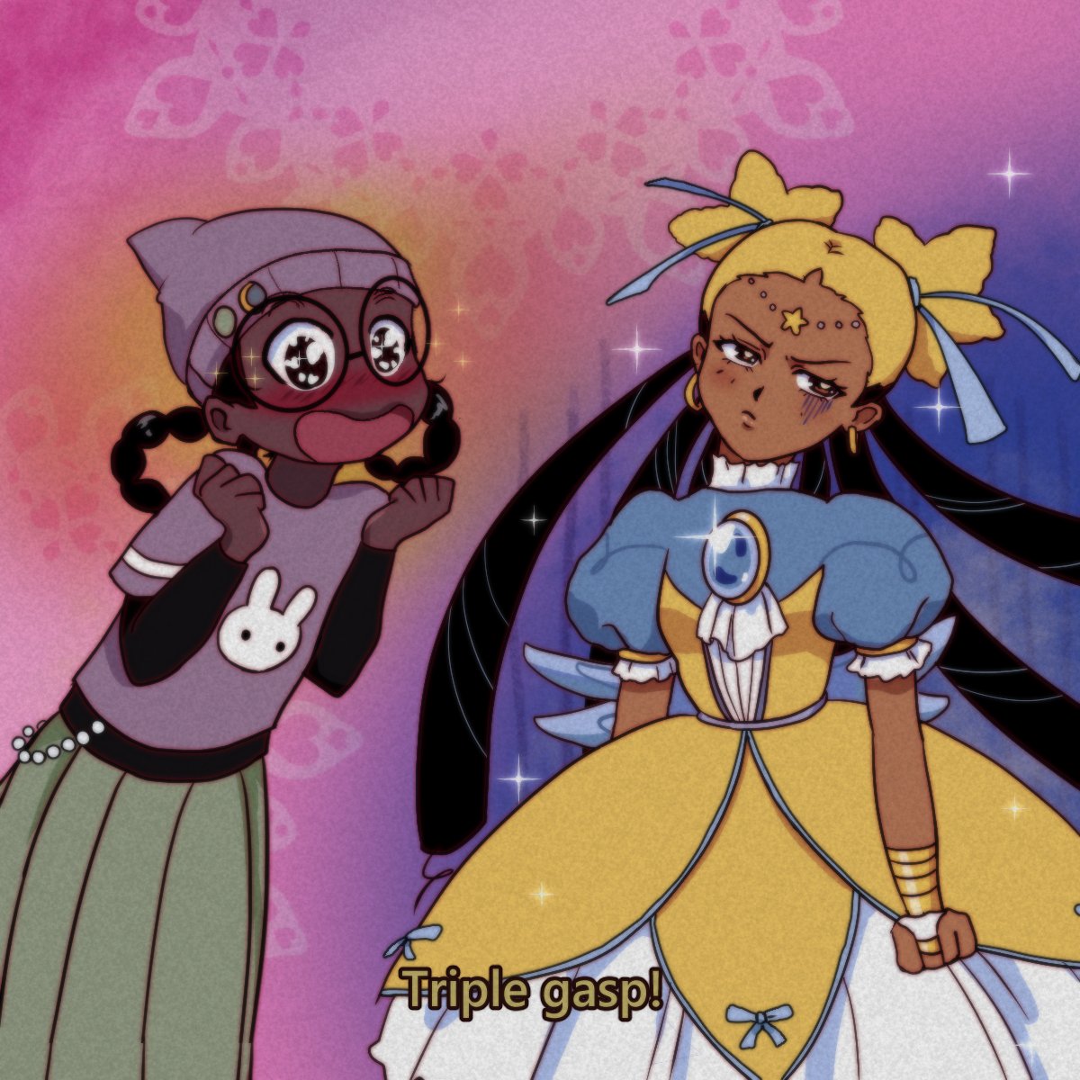 2girls, aika_(kiana_mai), beanie, black_hair, blonde_hair, blue_dress, cerezasdraws, commentary