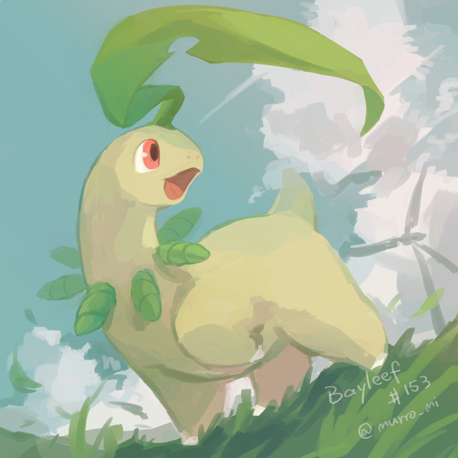 animal_focus, bayleef, clouds, commentary_request, highres, looking_up, murro_mi, no_humans