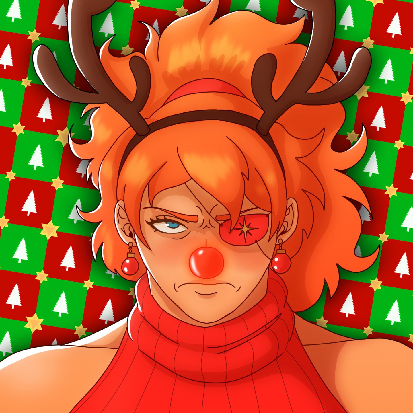 1girl, bare_shoulders, blue_eyes, brown_hairband, christmas_ornaments, closed_mouth, colored_eyepatch, commentary, earrings, english_commentary, eyepatch, fake_antlers, frown, green_background, hair_tie, hairband, highres, jauntyweb, jewelry, long_hair, looking_at_viewer, one_eye_covered, orange_hair, original, ponytail, portrait, red_background, red_nose, red_sweater, solo, sweater, zess_(zestyjesus)