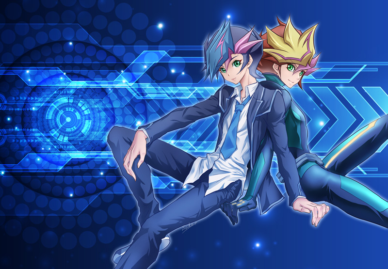 2boys, alternate_form, arm_on_own_leg, back-to-back, belt, black_bodysuit, black_hair, black_jacket, black_pants, blazer, blue_background, blue_necktie, bodysuit, border, colored_bangs, dress_shirt, dual_persona, facing_to_the_side, fujiki_yusaku, green_bodysuit, green_eyes, grey_belt, hand_on_ground, hand_on_own_leg, holographic_interface, invisible_chair, jacket, knee_up, knees_up, leaning_back, looking_at_viewer, loose_necktie, male_focus, multiple_boys, necktie, on_ground, open_clothes, open_jacket, ornate_border, pants, playmaker_(yu-gi-oh!), popped_collar, red_hair, saika318, school_uniform, shirt, sitting, smile, spiky_hair, turning_head, two-tone_bodysuit, untucked_shirt, white_shirt, yellow_trim, yu-gi-oh!, yu-gi-oh!_vrains