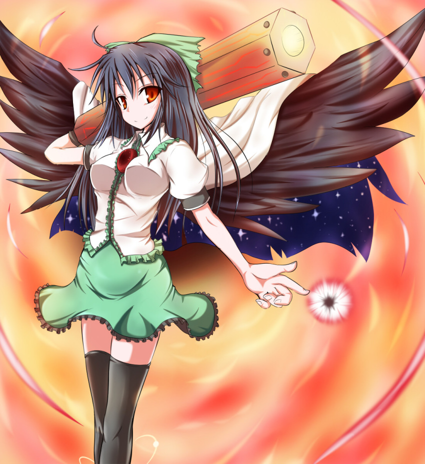 arm_cannon, bad_id, black_hair, black_legwear, black_thighhighs, bow, hair_bow, highres