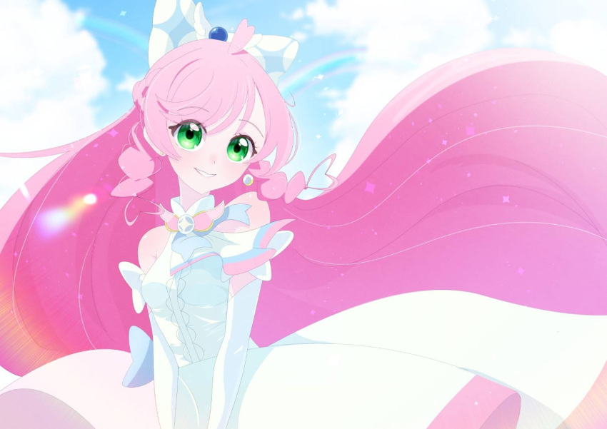 1girl, ascot, blue_bow, blue_sky, bow, braid, brooch, center_frills