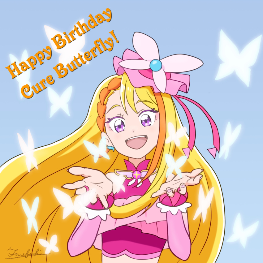 1girl, artist_name, birthday, blonde_hair, braid, braided_bangs, bridal_gauntlets, brooch, bug, butterfly, butterfly_hat_ornament, commentary, cropped_shirt, cure_butterfly, earrings, elbow_gloves, english_text, frilled_shirt, frills, fuefukipiper, gloves, happy_birthday, hat, hat_ornament, highres, hijiri_ageha, hirogaru_sky!_precure, jewelry, long_hair, looking_at_viewer, magical_girl, midriff, mob_cap, multicolored_hair, open_mouth, orange_hair, pink_gloves, pink_hat, pink_shirt, precure, shirt, signature, sleeveless, sleeveless_shirt, smile, solo, tilted_headwear, two-tone_hair, upper_body, violet_eyes, wing_brooch