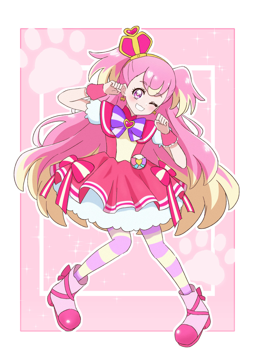 1girl, ;3, ;d, absurdres, arched_crown, blonde_hair, blush, boots