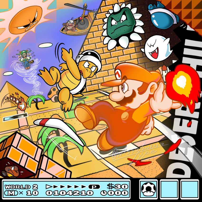 aircraft, airship, angry, angry_sun, blue_sky, boo_(mario), boomerang, boomerang_bro