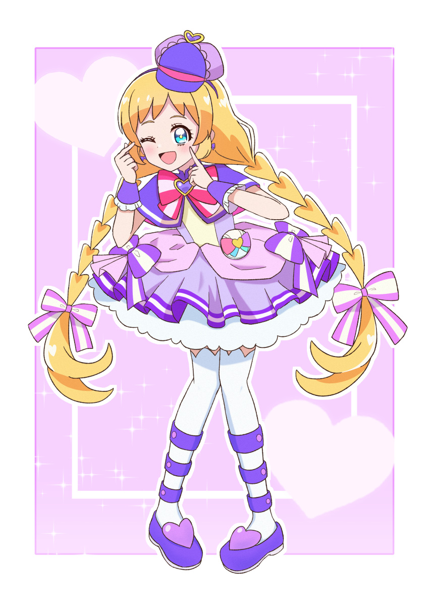 1girl, ;d, absurdres, blonde_hair, blue_eyes, blush, border, bow